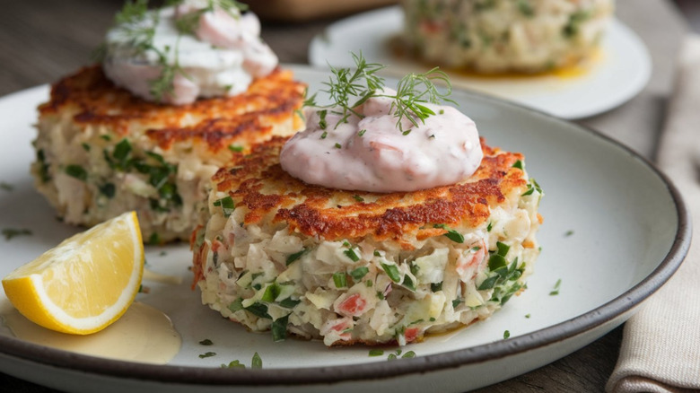 Crab cakes with sauce on a plate with slice of lemon