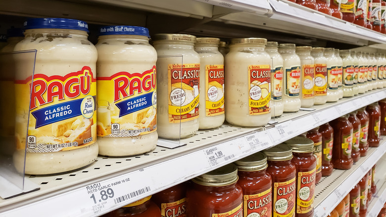 Grocery shelf with pasta sauces