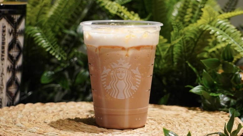 Salted Caramel Mocha Strato Frappuccino placed on a woven placemat in front of greenery