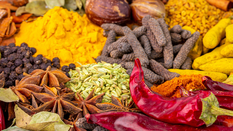 A variety of spices at a market