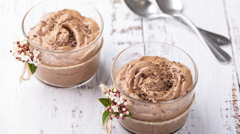 two chocolate mousses in glass
