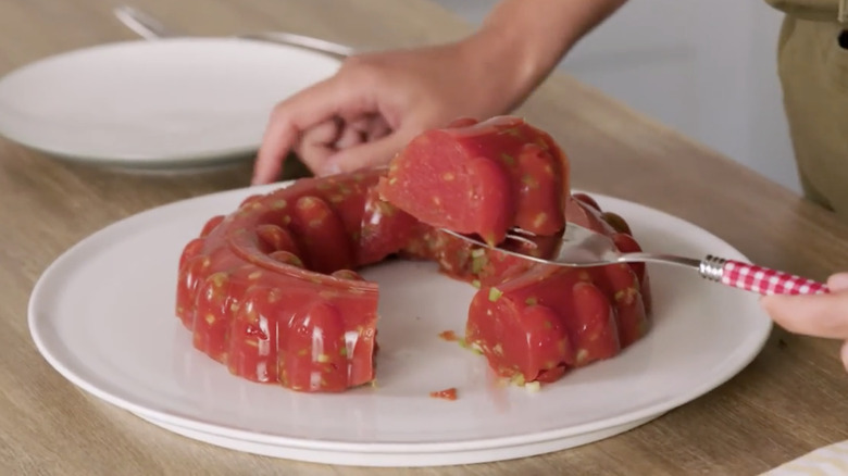 Sliced congealed tomato aspic