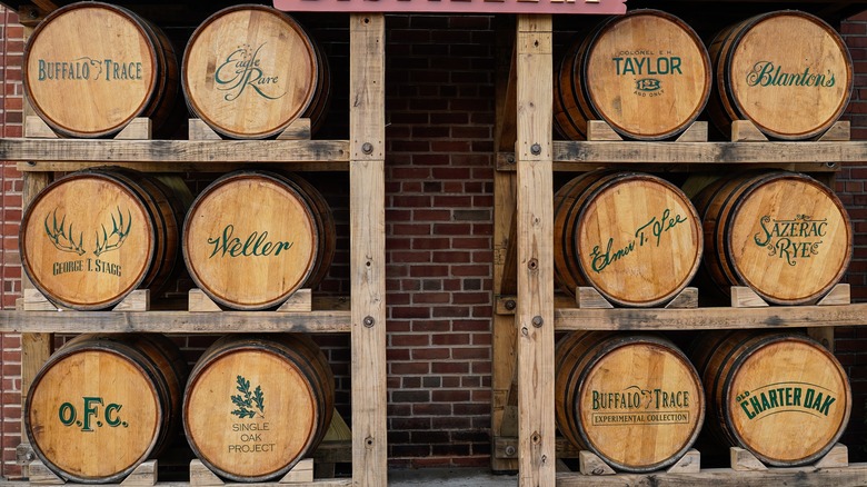 Buffalo Trace distillery brands in barrels displayed on racks