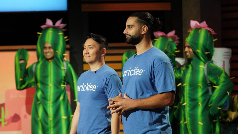 Pricklee co-founders Kun Yang and Mo Hassoun appear on 'Shark Tank' with friends dressed as cactus ambassadors on Shark Tank