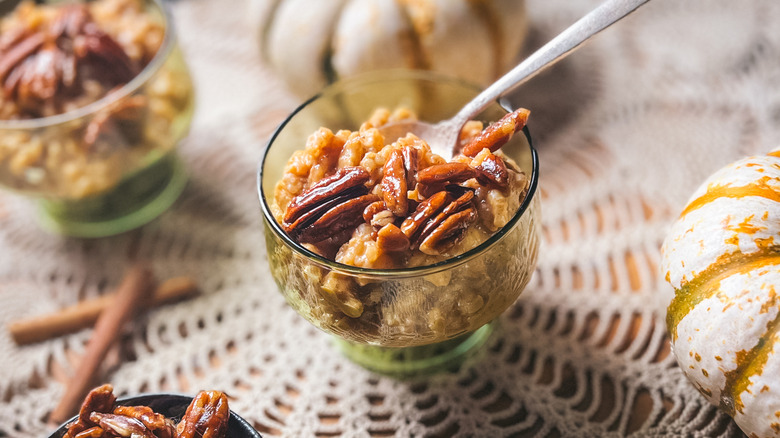 Vegan pumpkin rice pudding with maple glazed pecans