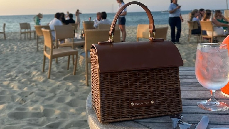 Modern Picnic bag on a table at the beach